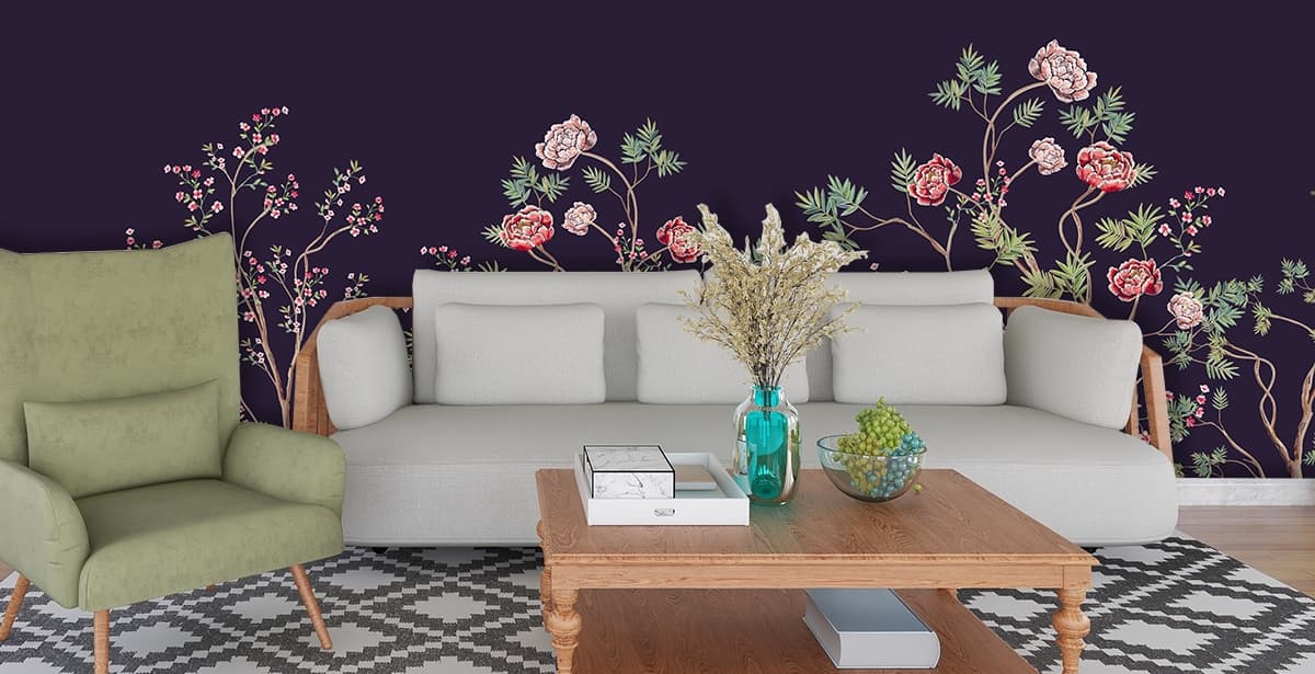 Purple Chinoiserie Wallpaper with Flowers shown in a room