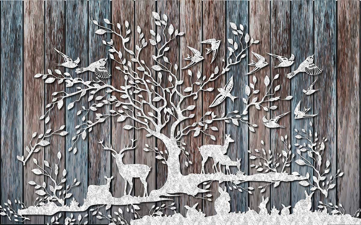 A tree with birds and animals on it pattern detail
