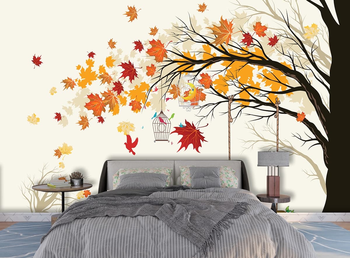 Tree with Swing and Birds Nature Wall Mural Wallpaper shown in a room