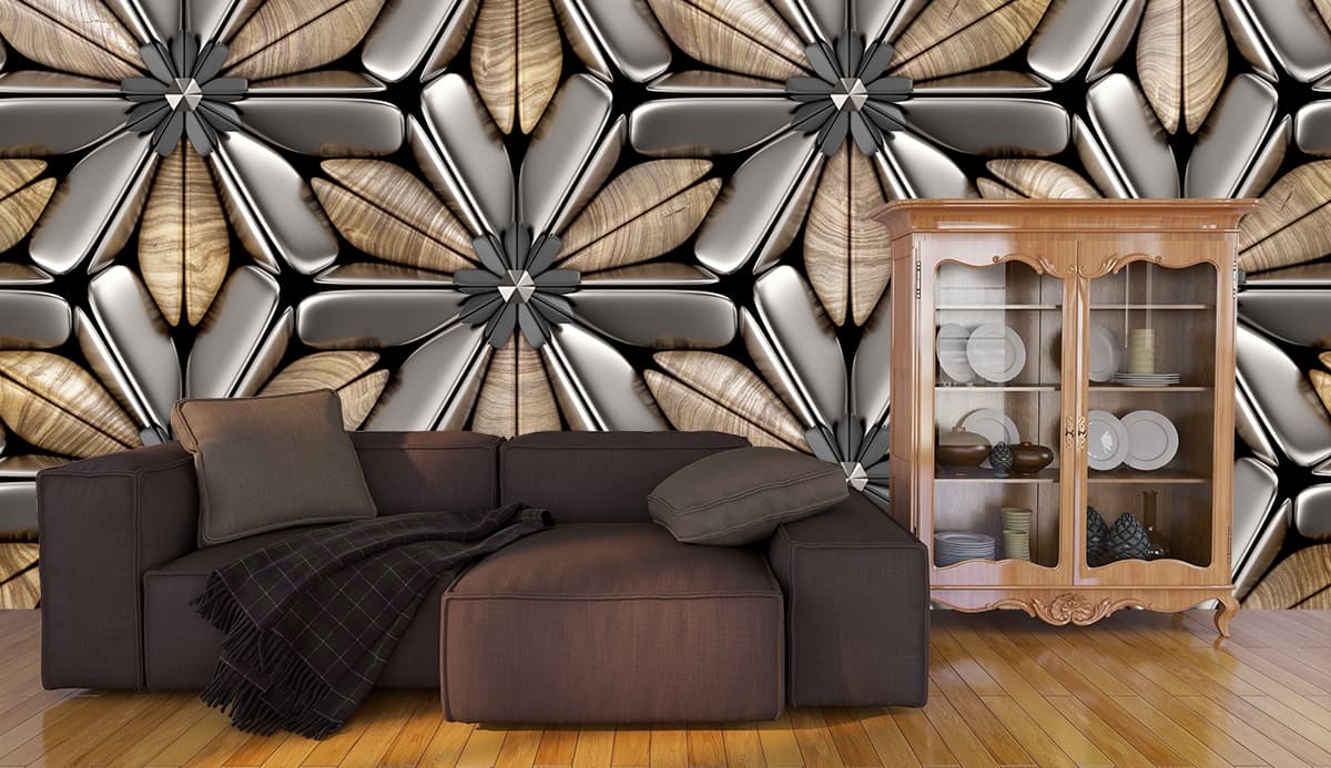 A pattern of metal and wood flowers shown in a room