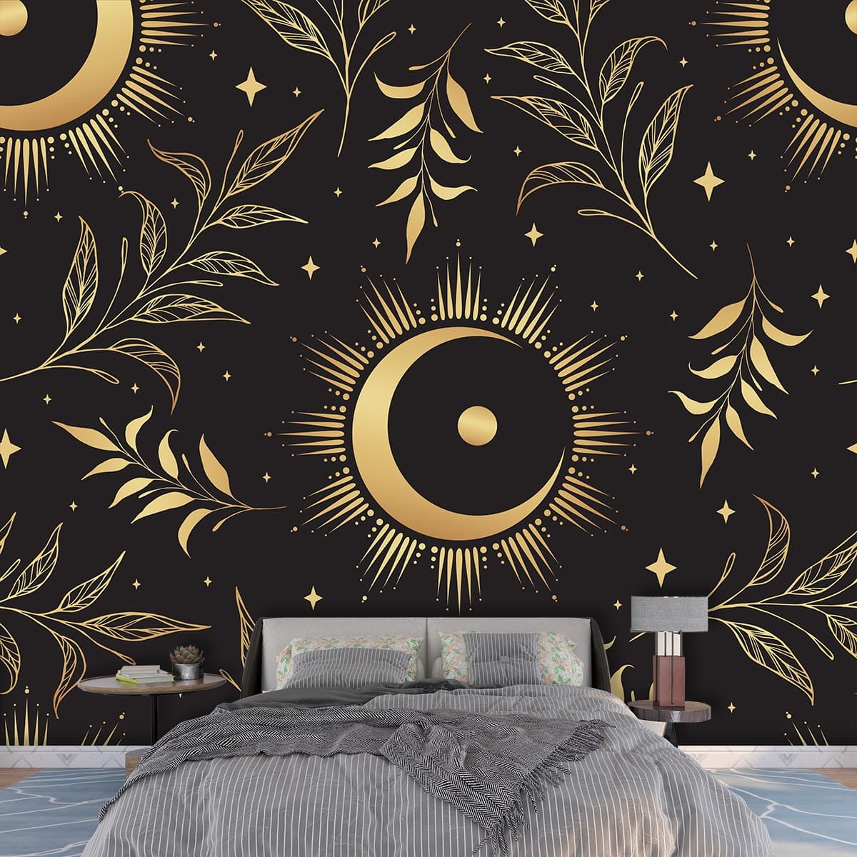 Gold Sun and Moon Pattern Celestial Wall Mural Wallpaper shown in a room