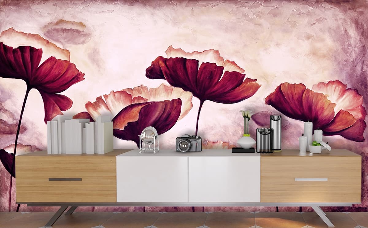 Painting of Flowers in the Sky Artistic Floral Wallpaper shown in a room