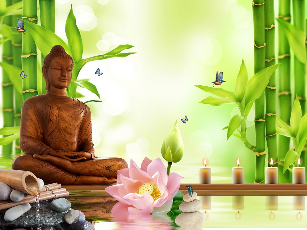 Buddha Wallpaper for Wall, Wall Mural with Bamboo pattern detail