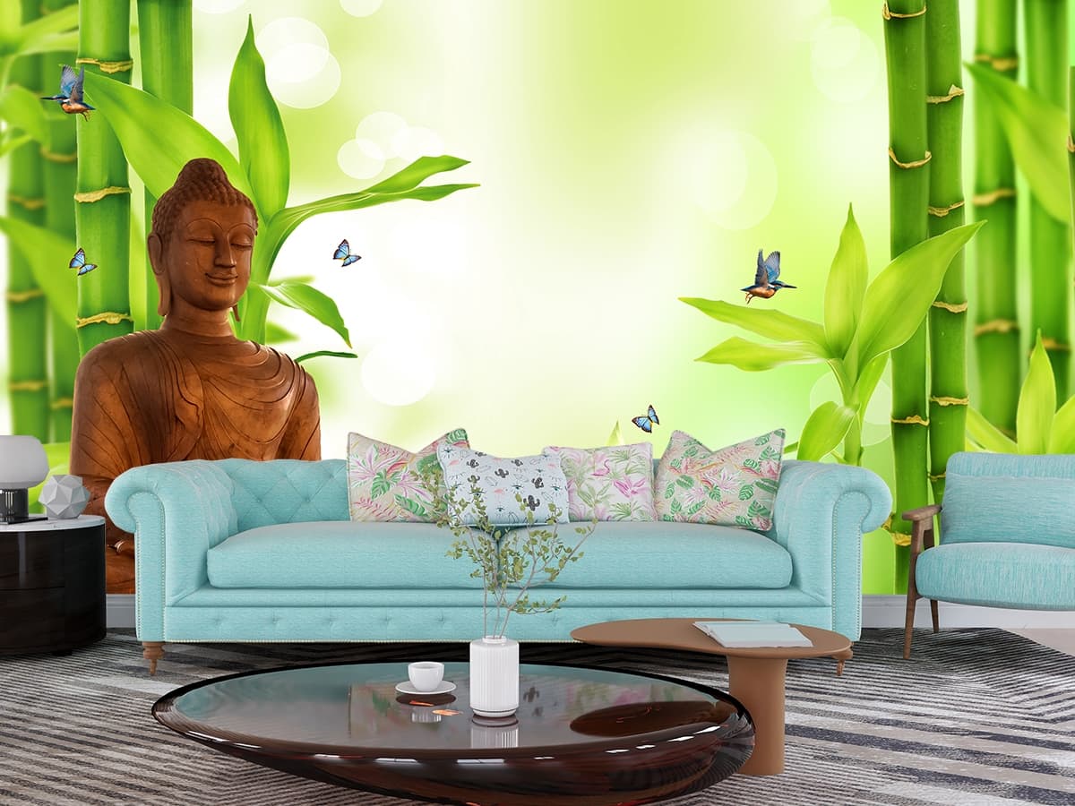 Buddha Wallpaper for Wall, Wall Mural with Bamboo shown in a room