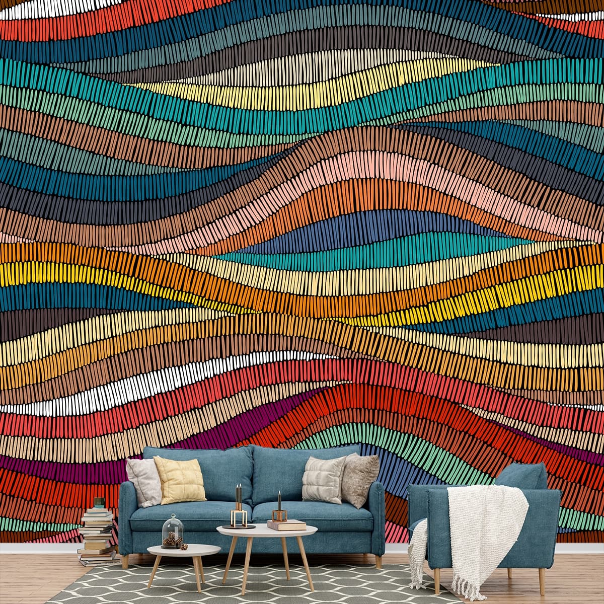 Colorful Wavy Lines Abstract Pattern Wallpaper shown in a room