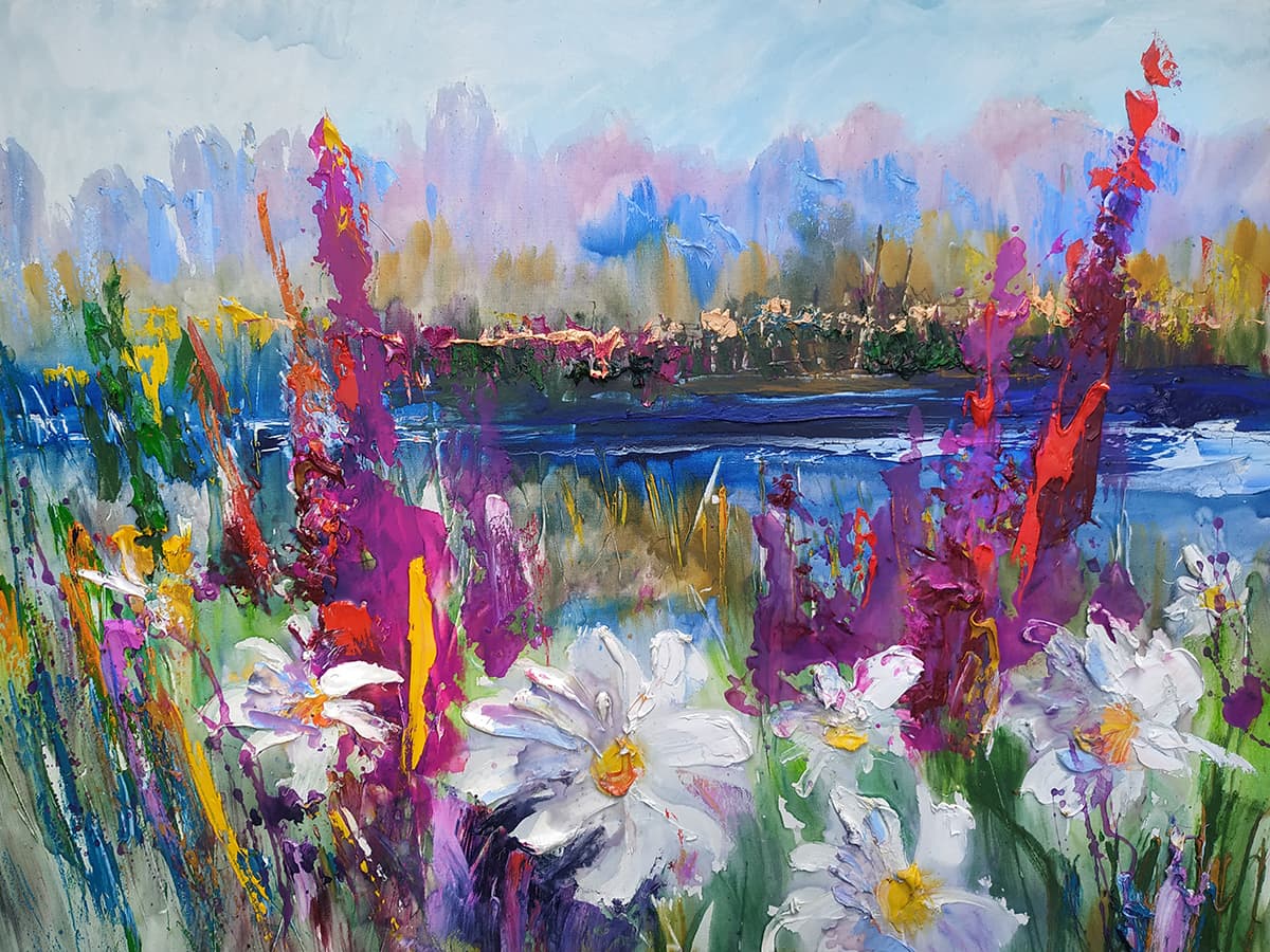 A painting of flowers and water pattern detail