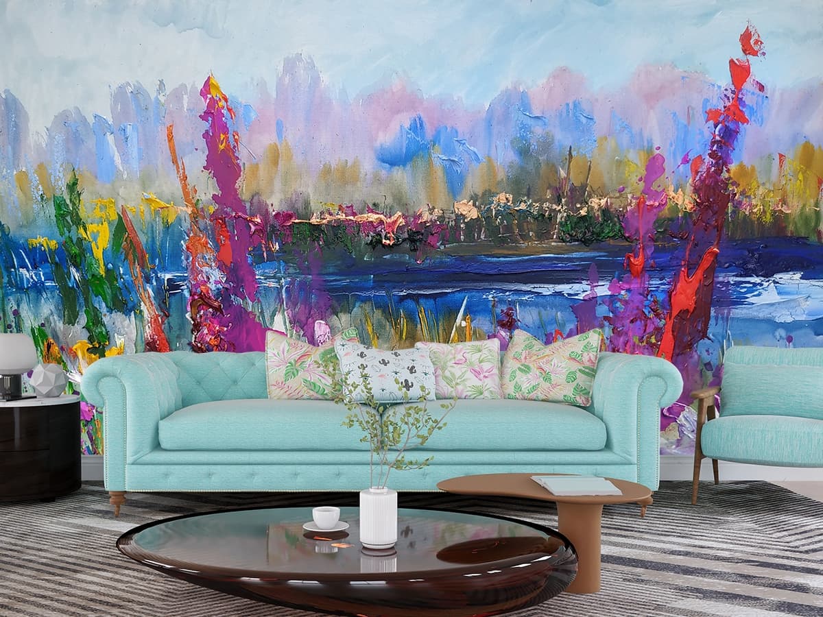 A painting of flowers and water shown in a room