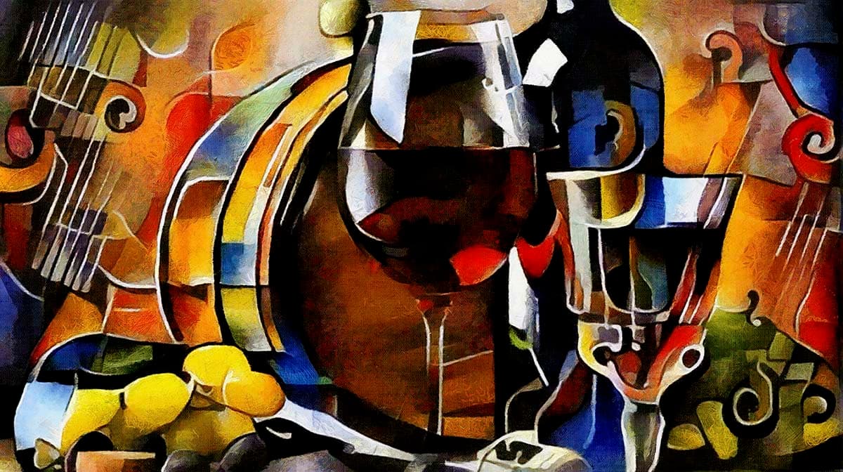 A painting of a glass of wine and a bottle pattern detail