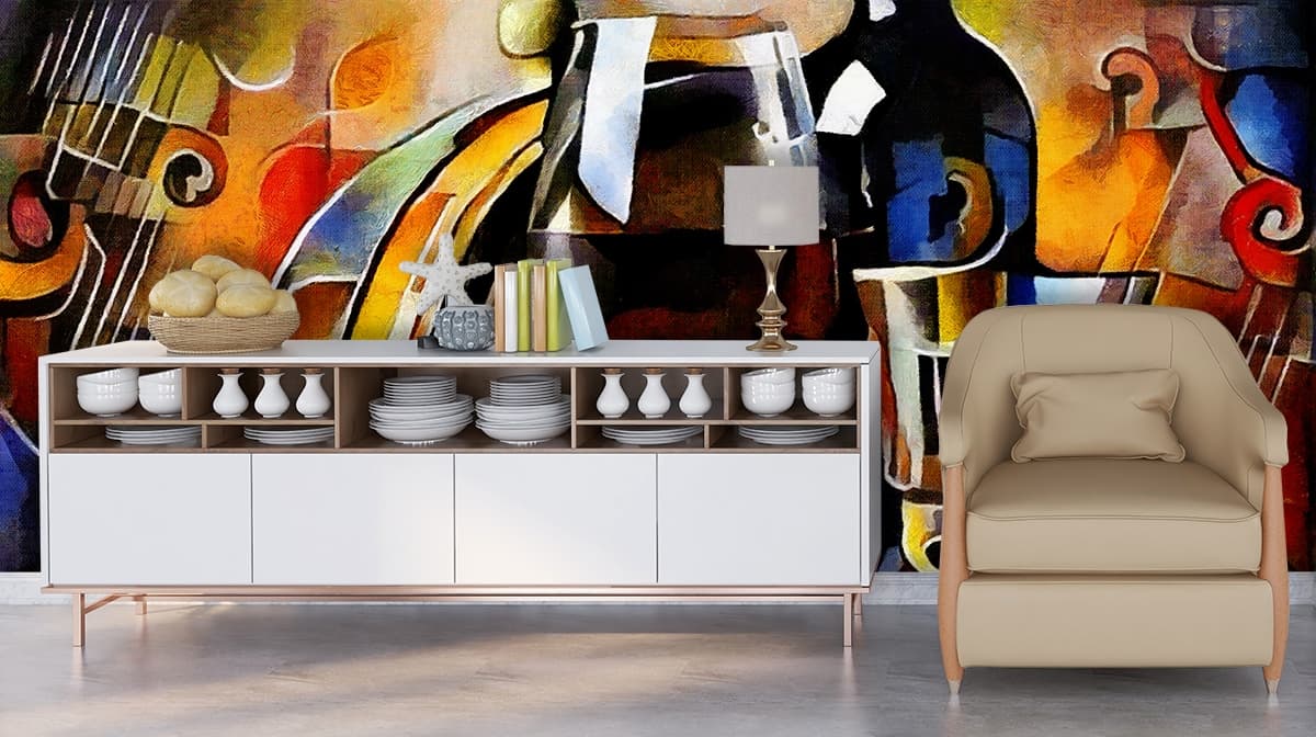 A painting of a glass of wine and a bottle shown in a room