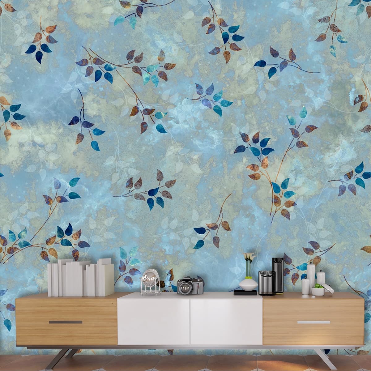 A pattern of leaves on a blue background shown in a room