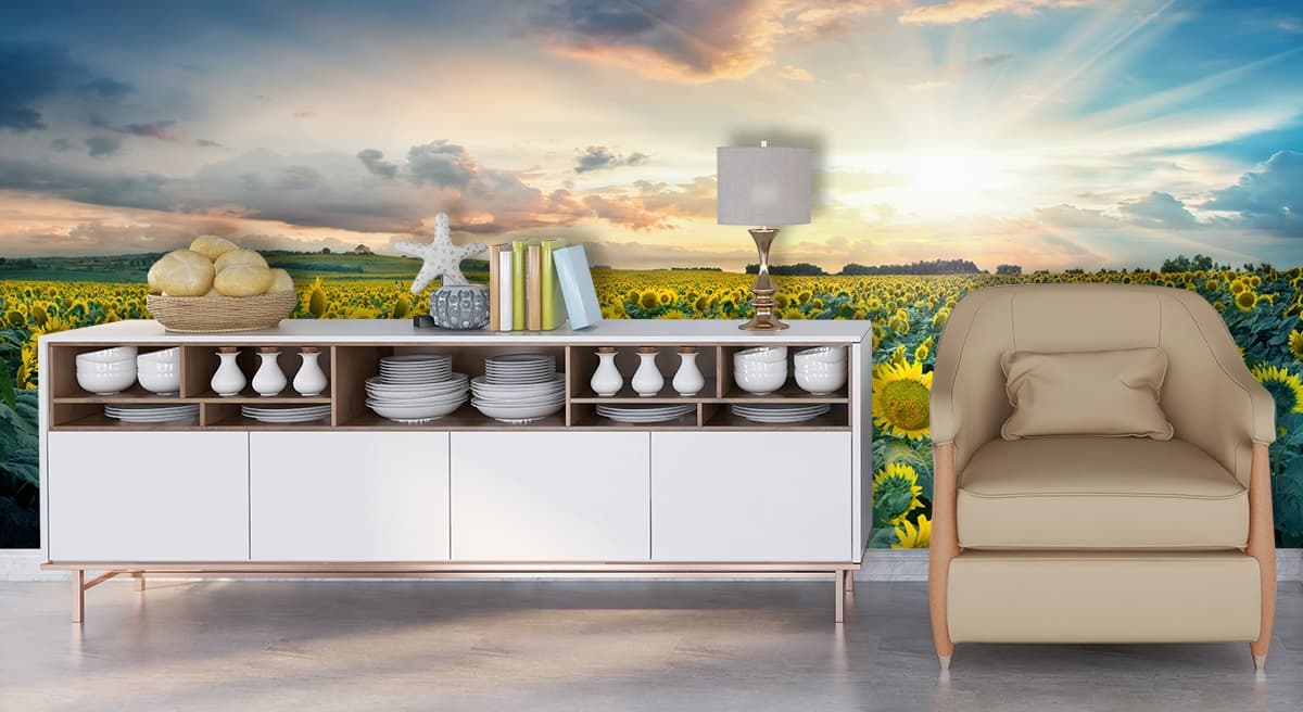 Sunflower Field with Sunlight Through Clouds wallpaper shown in a room