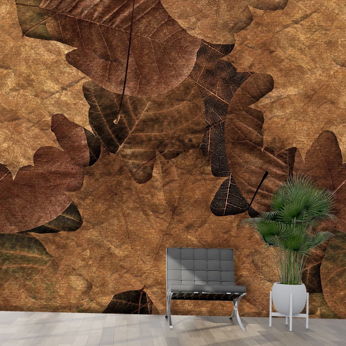 3D Brown Leaves Wallpaper for Walls shown in a room