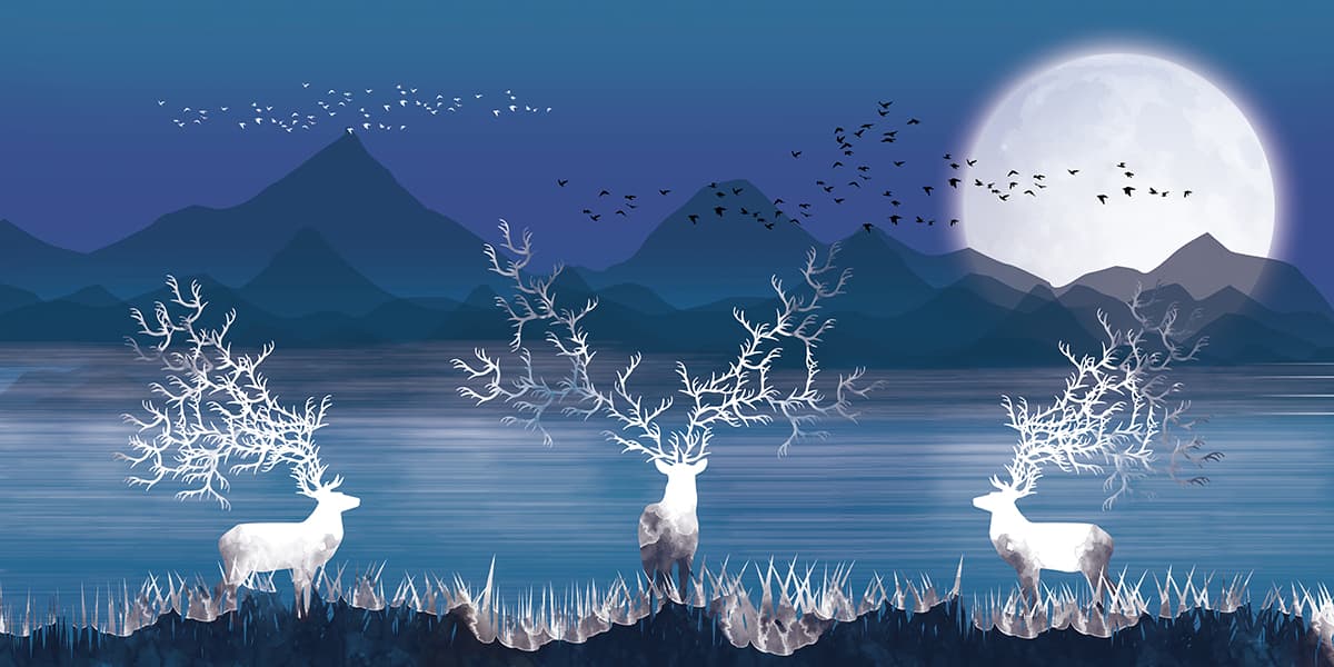 Modern Blue Hills and Large White Moon Wallpaper pattern detail