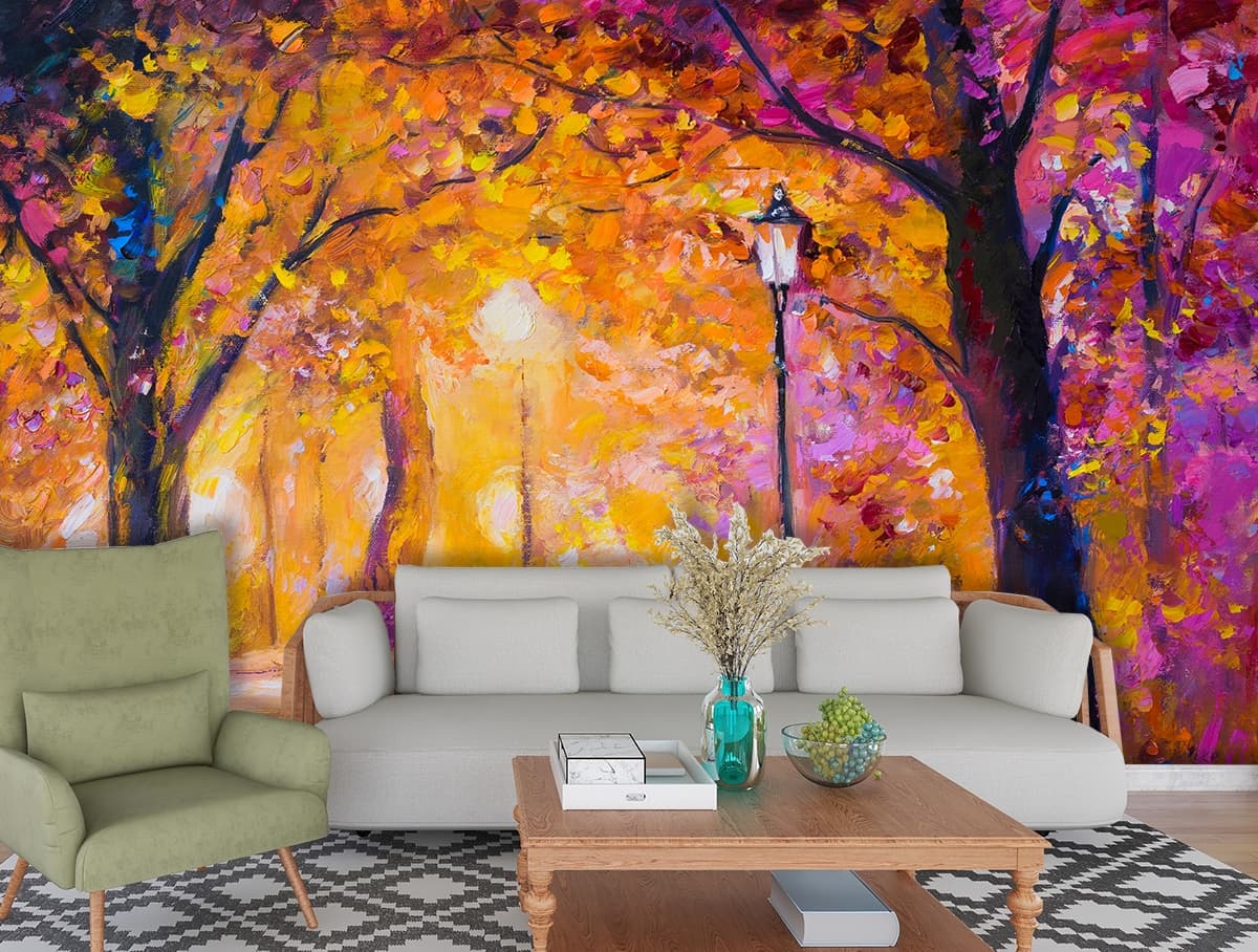 Nature Art Autumn Forest with Radiant Colors Wallpaper shown in a room