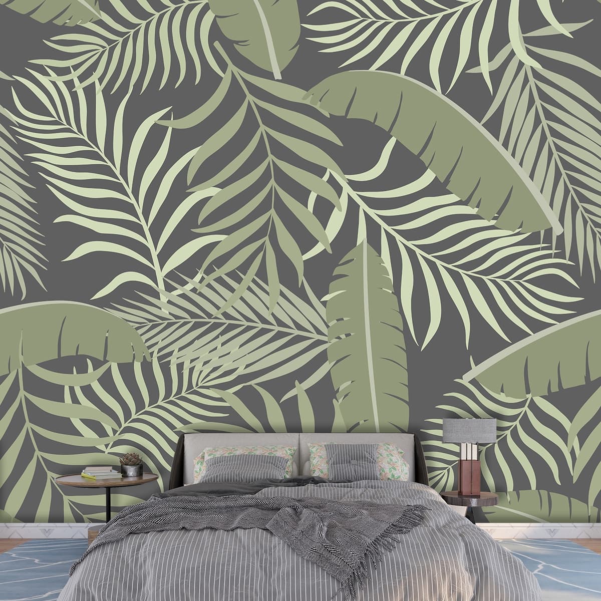 A pattern of leaves on a gray background shown in a room