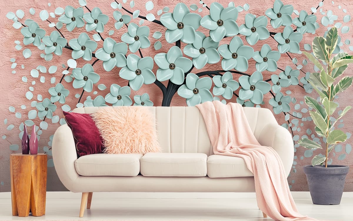 Tree with Beautiful Flowers Mural Wallpaper shown in a room