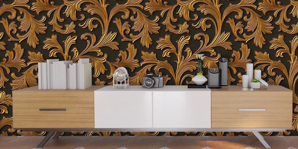 Golden Floral Pattern Wallpaper for Wall shown in a room