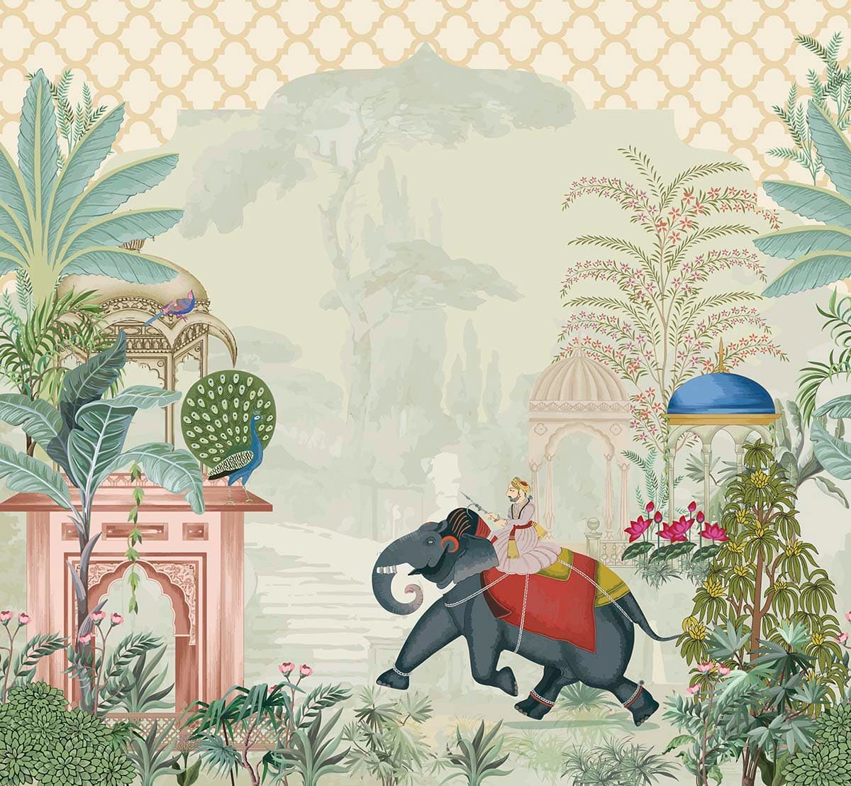 Painting of a man riding an elephant wallpaper pattern detail