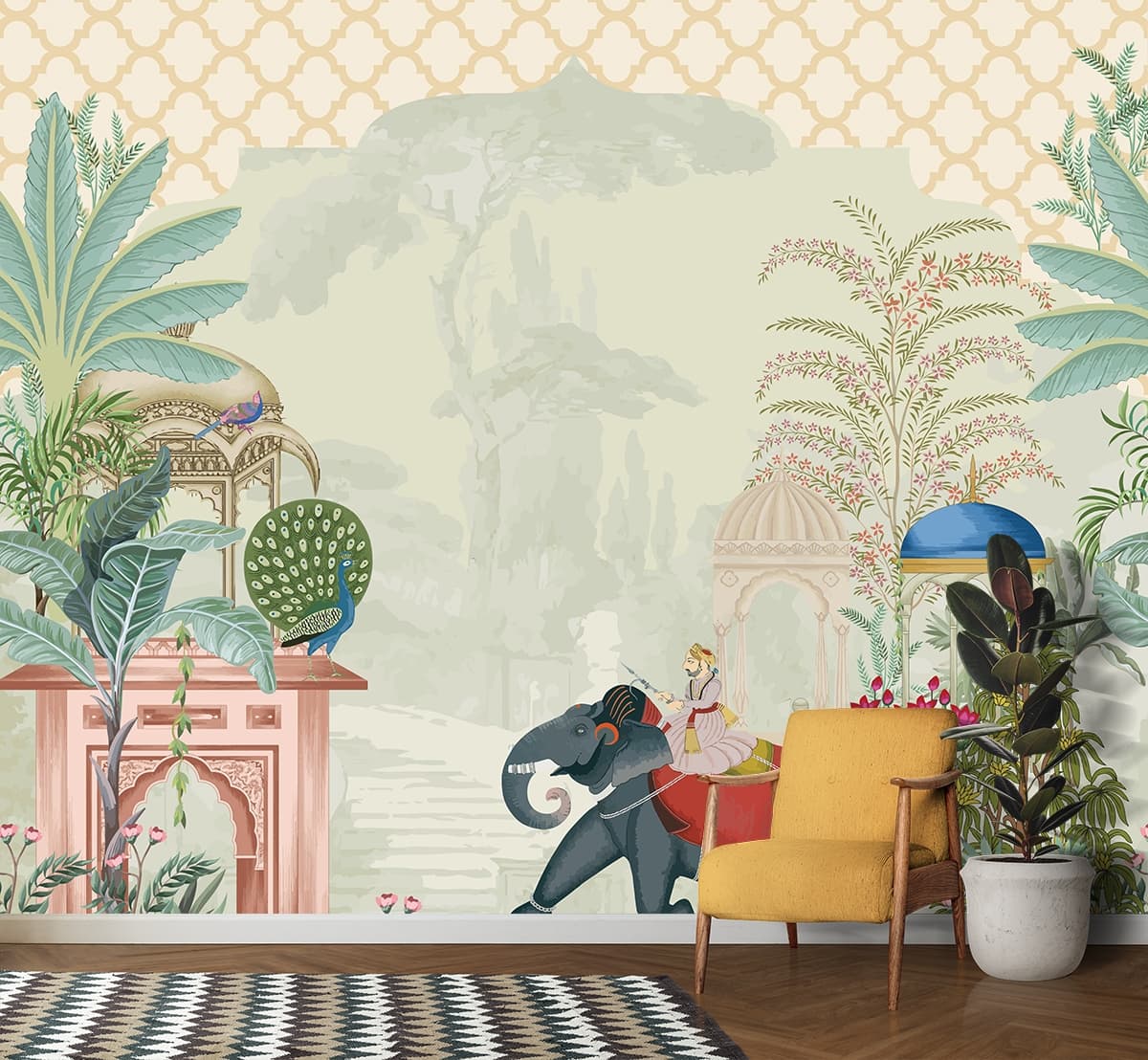 Painting of a man riding an elephant wallpaper shown in a room