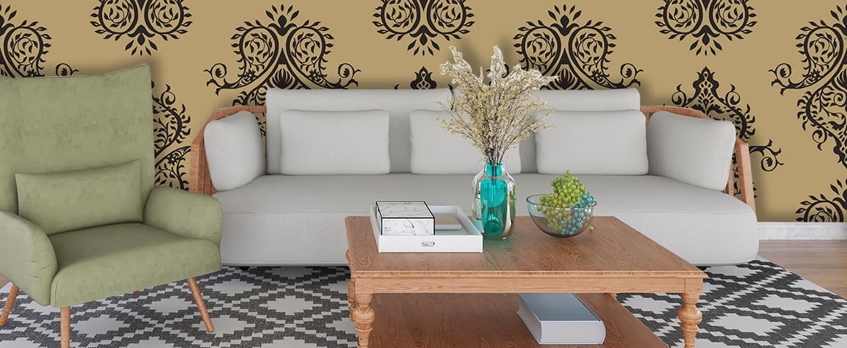 A pattern of black and tan designs shown in a room