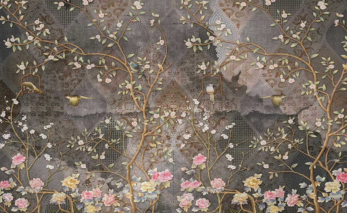 A wallpaper with flowers and birds pattern detail