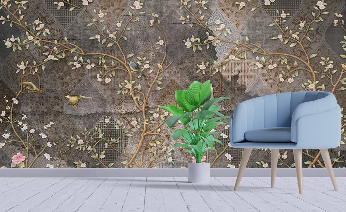 A wallpaper with flowers and birds shown in a room