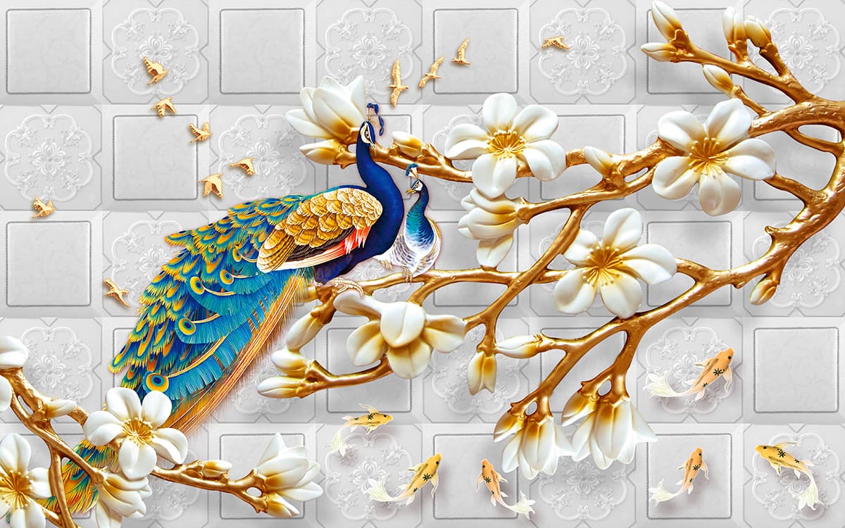 Stylish Peacock with Flowers Wall Decor Wallpaper pattern detail