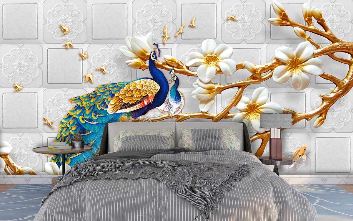 Stylish Peacock with Flowers Wall Decor Wallpaper shown in a room