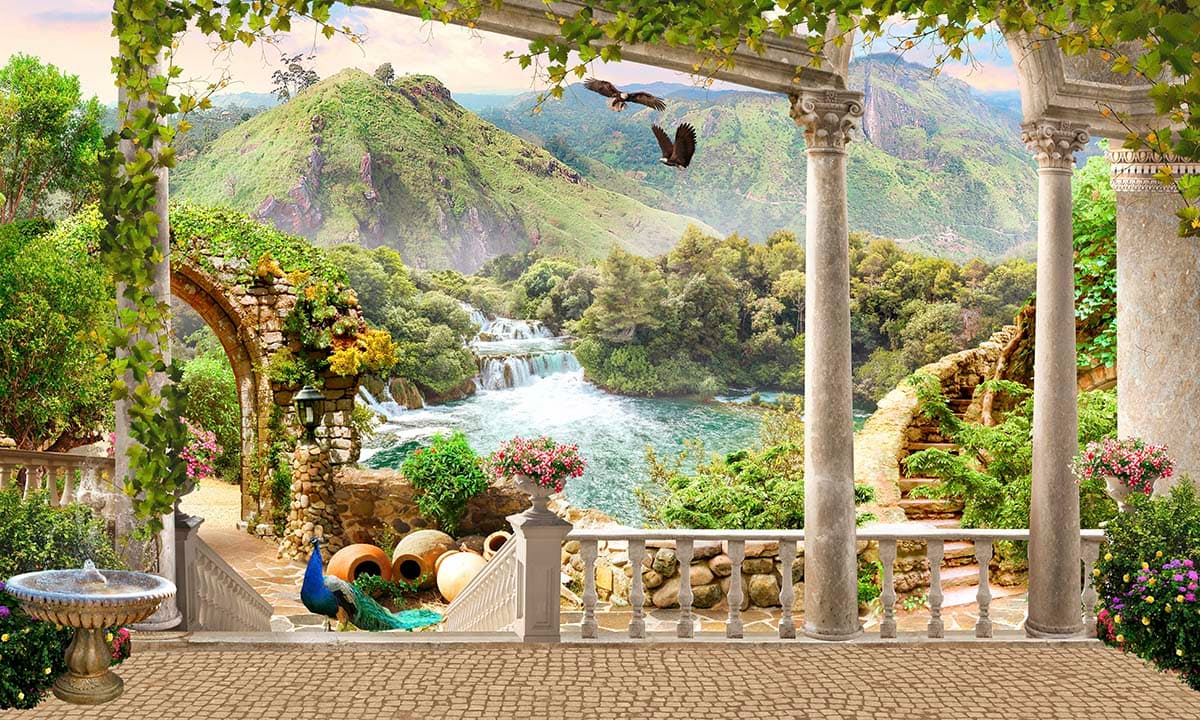 Serene stone porch waterfall with birds flying wallpaper pattern detail