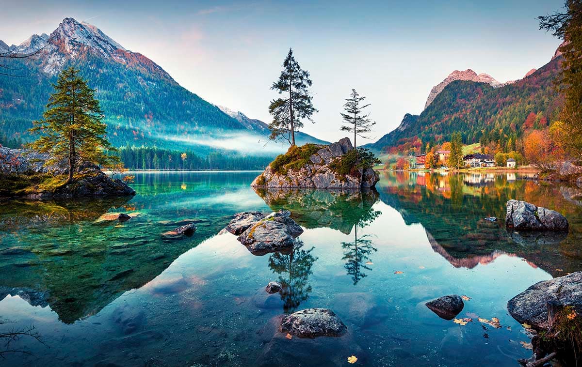 A lake with rocks and trees pattern detail