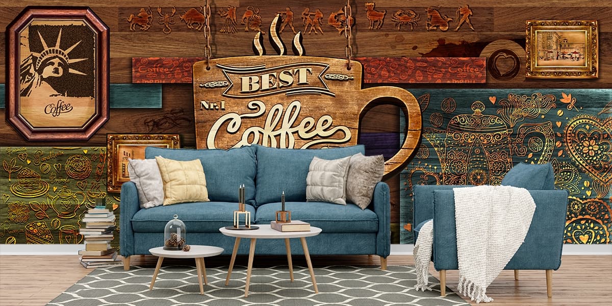 Cafe Style Wooden Coffee Cup Sign Design Wallpaper shown in a room