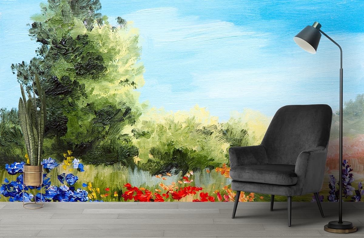 Field of Flowers Painting Scenic Design wallpaper shown in a room