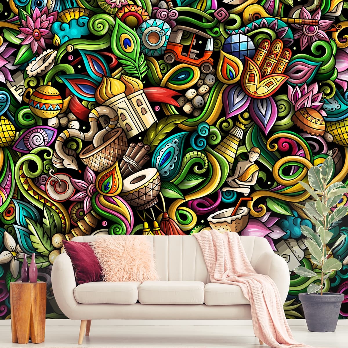Colorful Doodles Fun Creative Artistic Wallpaper shown in a room
