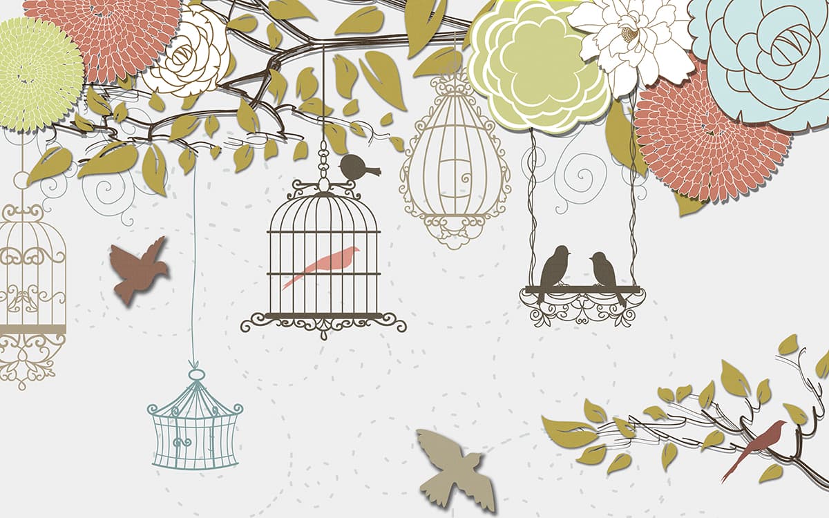 Nature Birds on Tree Branch Pattern Wallpaper pattern detail