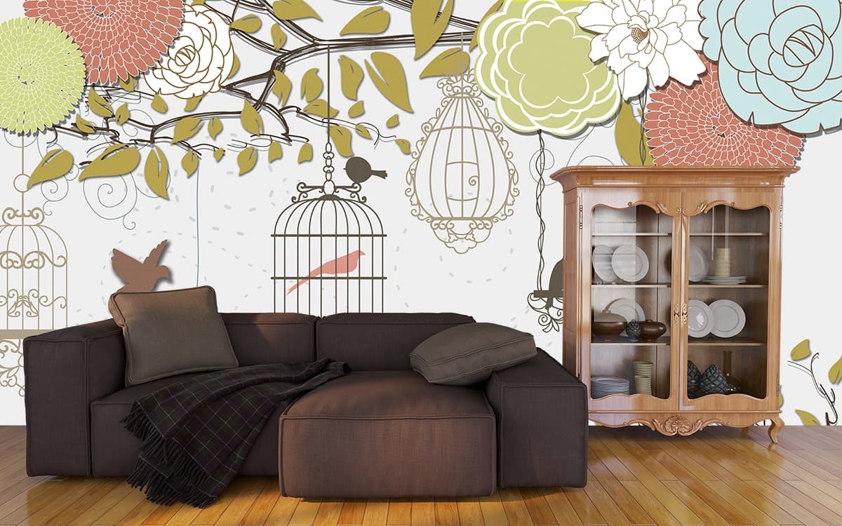 Nature Birds on Tree Branch Pattern Wallpaper shown in a room