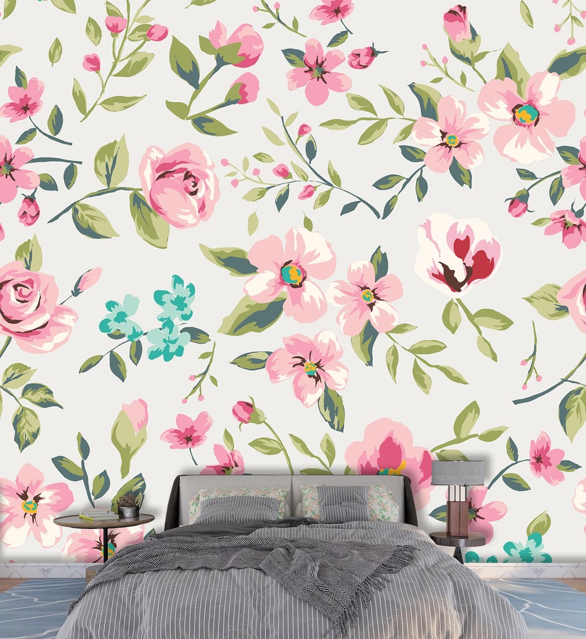 Pink Floral Meadow Wallpaper Mural shown in a room