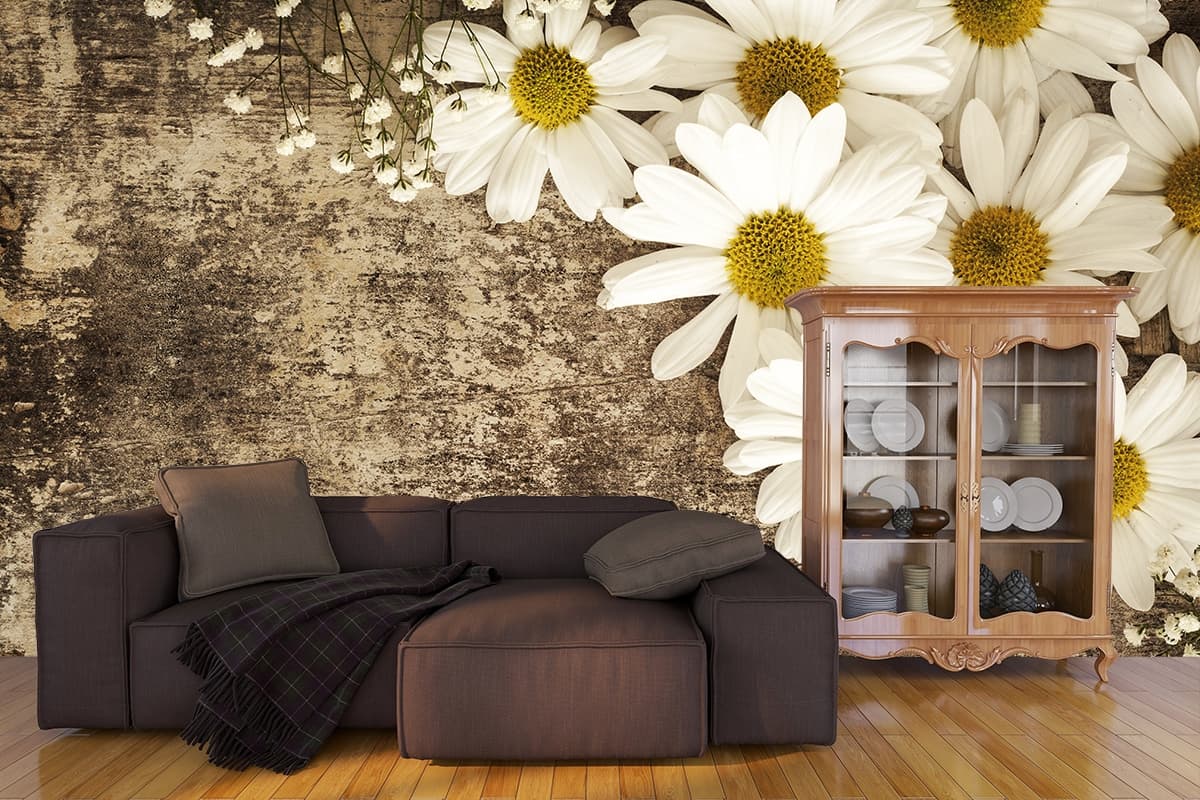 White Daisies on Grunge Wall Wallpaper shown in a room