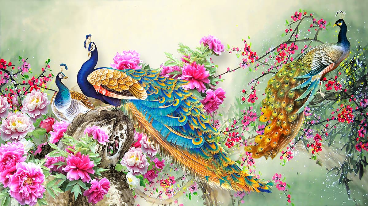 Colorful Peacocks Wallpaper pattern detail