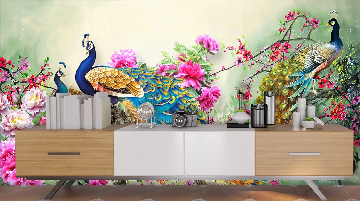 Colorful Peacocks Wallpaper shown in a room