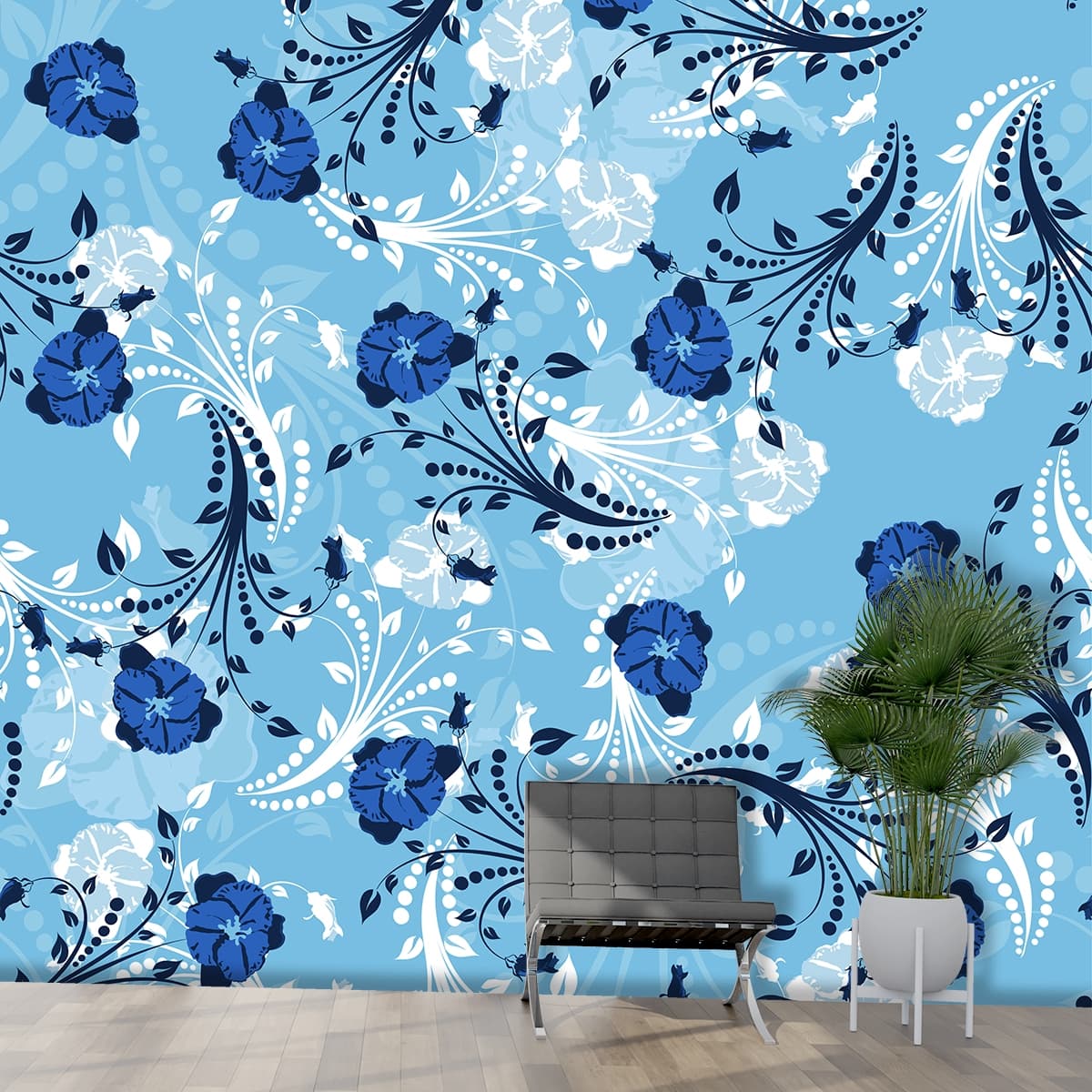 Blue and White Floral Pattern Wallpaper for Walls shown in a room