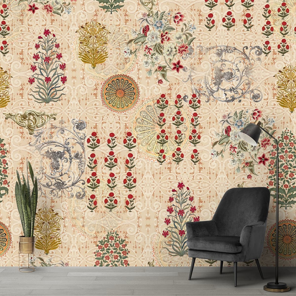 Elegant Flowers and Leaves Design Wallpaper shown in a room