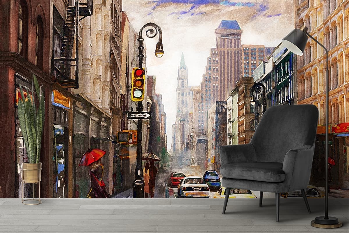 Elegant Watercolor Paris Style City Art Wallpaper shown in a room