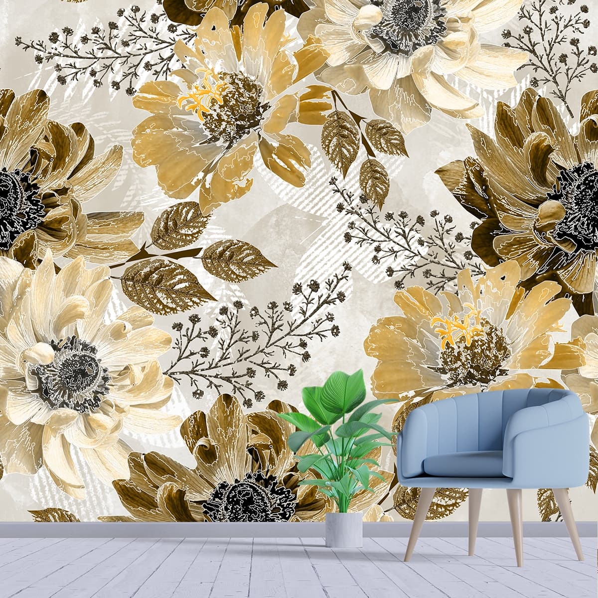 A Wallpaper of Flower in Golden Shades for Wall shown in a room