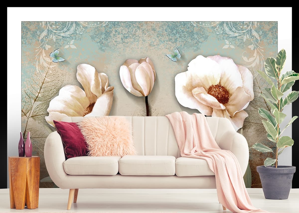 Artistic Flowers and Butterflies Luxury Wallpaper shown in a room