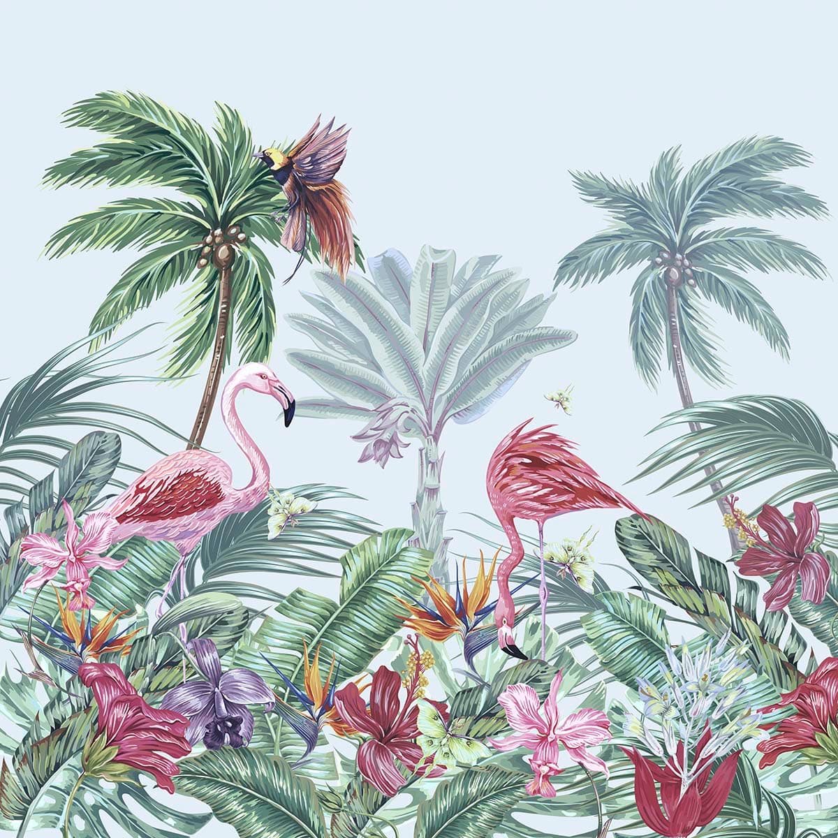 Tropical Birds Flamingos with Palm Trees wallpaper pattern detail