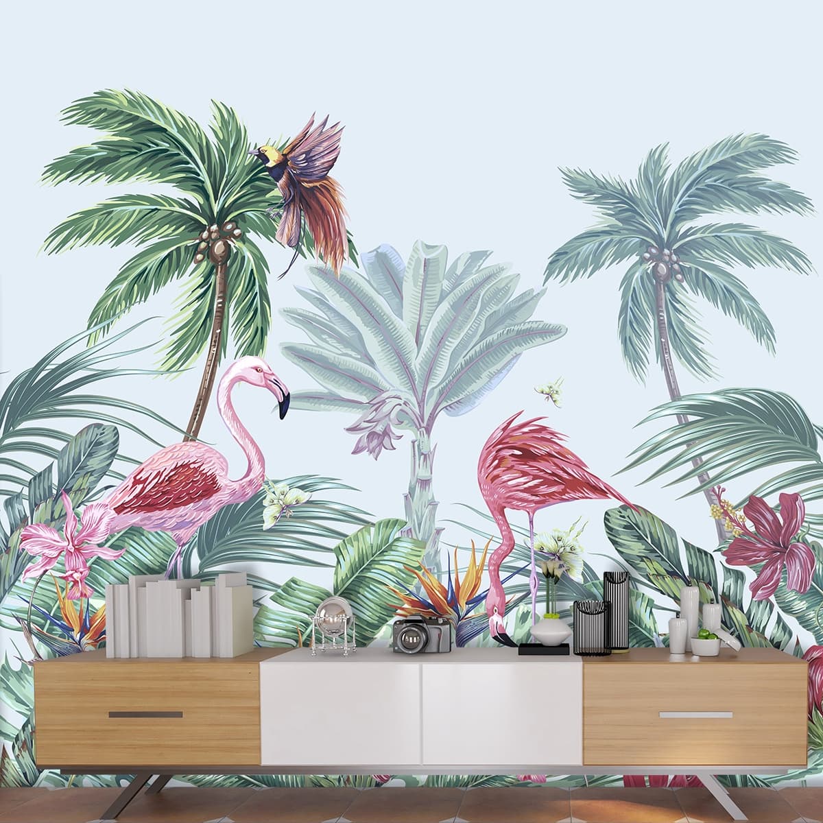 Tropical Birds Flamingos with Palm Trees wallpaper shown in a room