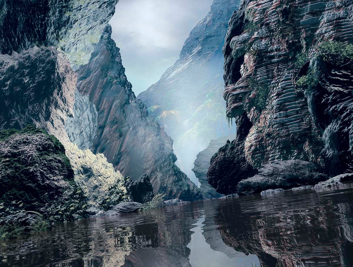 A water next to a rocky canyon pattern detail