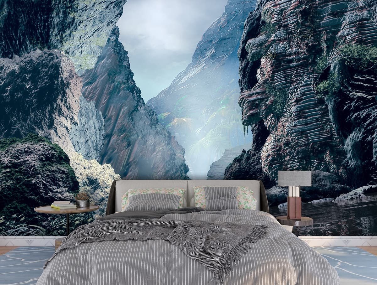 A water next to a rocky canyon shown in a room