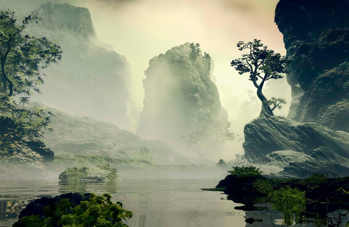 Mountain Wallpaper, Foggy landscape with rocks and trees pattern detail
