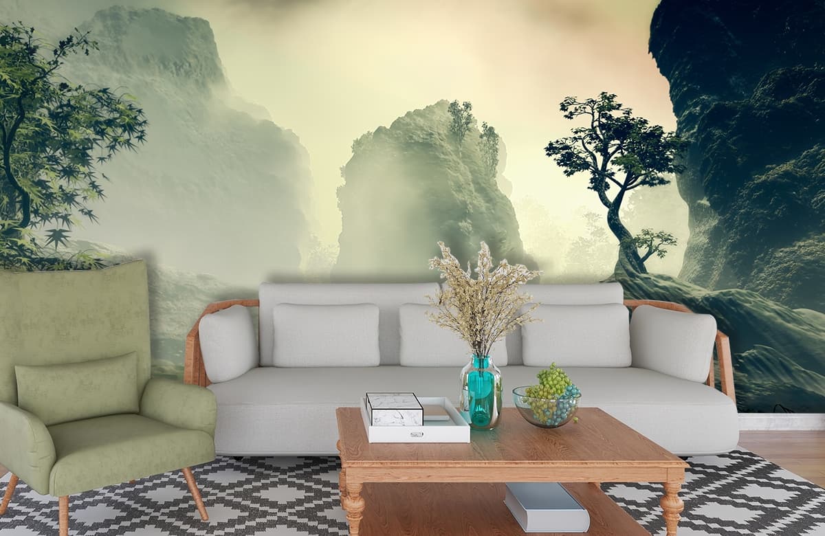 Mountain Wallpaper, Foggy landscape with rocks and trees shown in a room